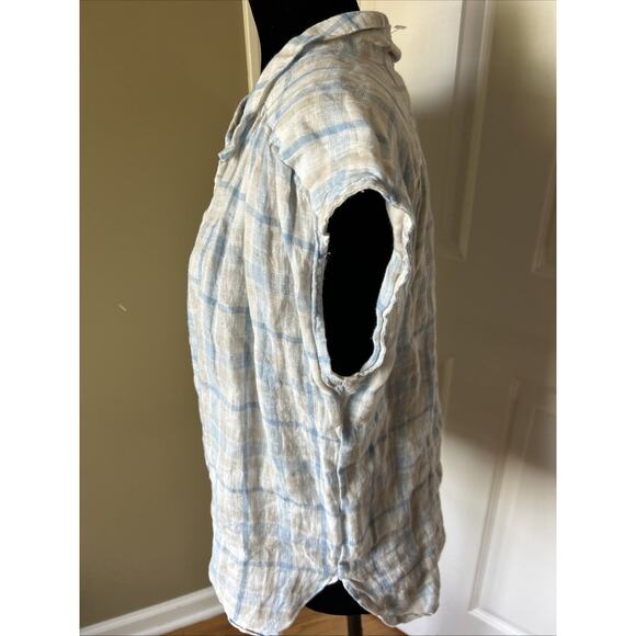 CP Shades Sleeveless Linen Button Blouse Top XS over sized plaid blue tan ivory - Picture 2 of 12